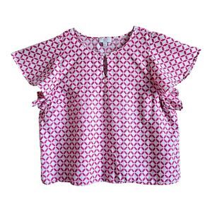 CHARTER CLUB LINEN Women XXL 2X Top Pink White Geometric Short Flutter Sleeve 48